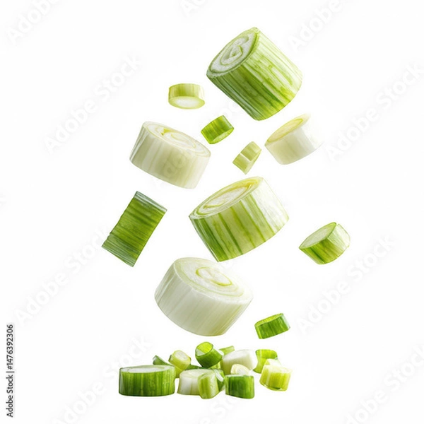 Fototapeta Floating Slices of Fresh Green - Isolated on White Background