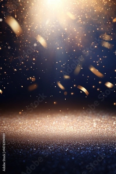 Fototapeta Golden Confetti Falling on Glittering Surface Background in Vertical Format for Celebration and Festive Occasions