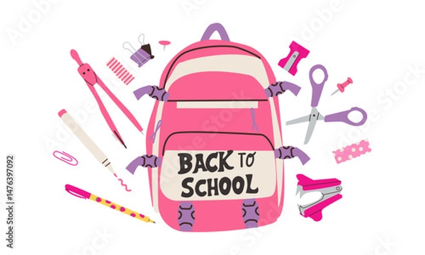 Fototapeta Back to school label. School Background Poster Card. Sale tag. Flat vector illustration. Hand drawn lettering badge. Typography emblem