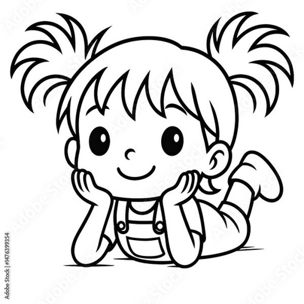 Fototapeta Coloriage petite fille kawaii couchée la tête dans les mains