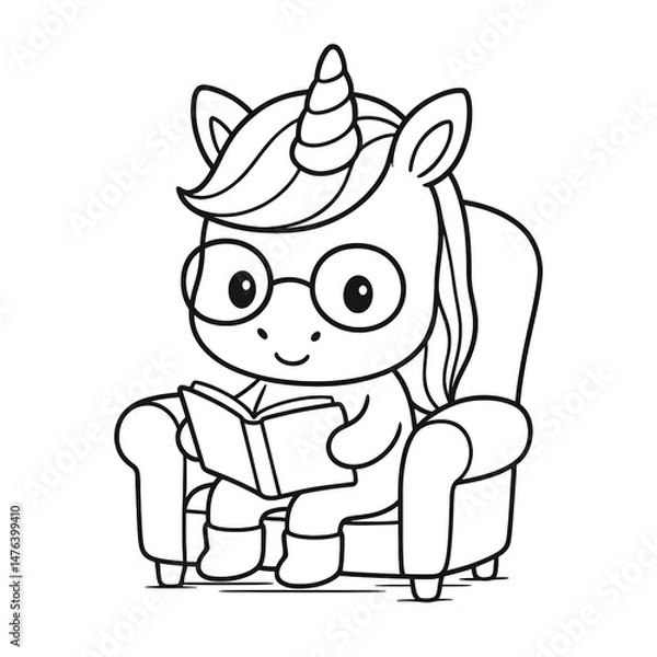 Fototapeta Coloriage licorne mignonne assise qui lit avec des lunettes
