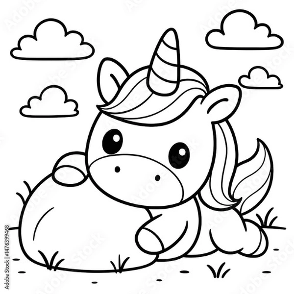 Fototapeta Coloriage licorne allongée sur un rocher