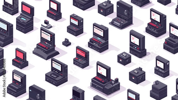 Fototapeta An array of stylized computers, forming a patterned composition with geometric shapes and technological theme