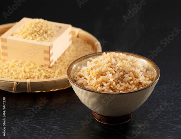 Fototapeta Freshly Cooked Brown Rice on a Black Background, with Brown Rice in a Strainer Behind