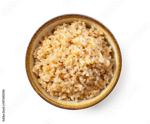 Fototapeta Freshly Cooked Brown Rice on a White Background, Overhead View