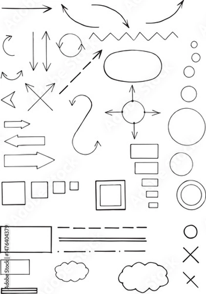 Obraz Design, architectural and engineering signs and symbols. Vector hand drawn set on whiteboard.