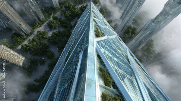 Fototapeta Eco-friendly building in the modern city. Sustainable glass office building with tree for reducing heat and carbon dioxide. Office building with green environment. Corporate building reduce CO2