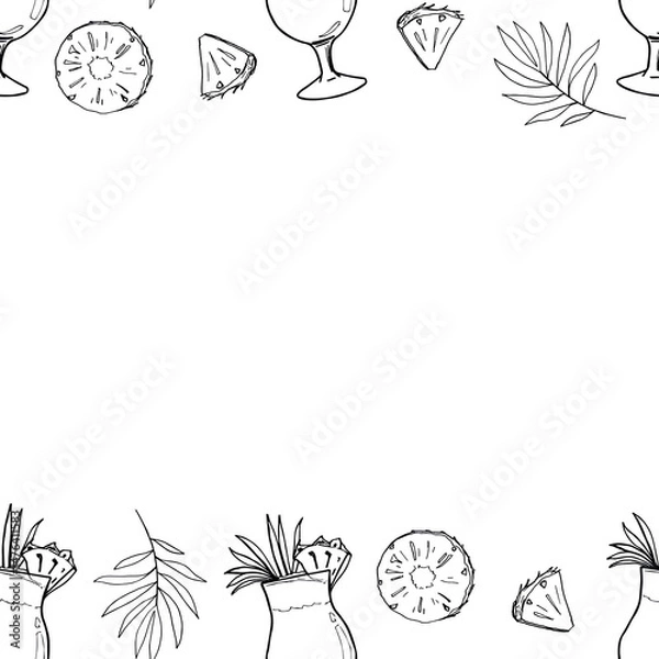 Fototapeta Seamless outline frame with pineapple drink pina colada cocktail