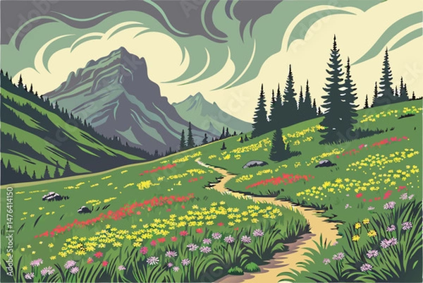 Obraz 64 wide angle view of a lush green meadow with a spiral pattern of colorful wildflowers, mountains in the background, dramatic clouds in the sky, beautiful natural landscape, detailed, vivid colors, h