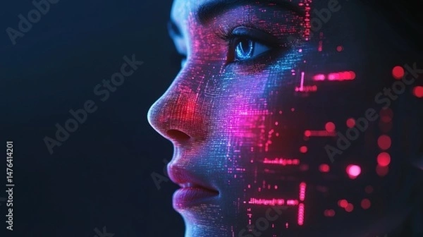 Obraz AI assistant projecting real-time data statistics using holographic visualizations, cyber-tech concept