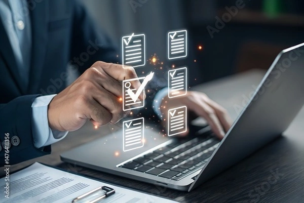 Fototapeta Policy documentation and compliance concept, Businessman checking on digital documents, Check steps through policies, certifications, financial detail, Quality inspection, Terms and Conditions.