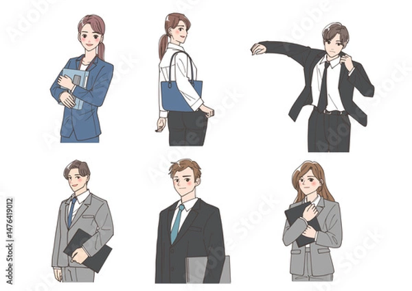 Fototapeta 決めポーズをしている若い男女のビジネスマンのイラストセット
