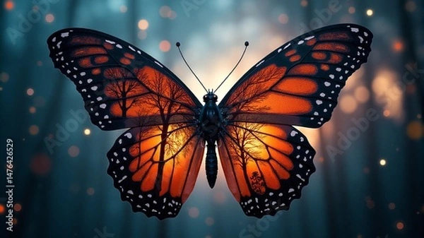 Fototapeta Butterfly with orange wings and a forest scene reflected on them