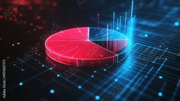 Fototapeta Digital-style D pie chart with glowing edges and a subtle grid beneath
