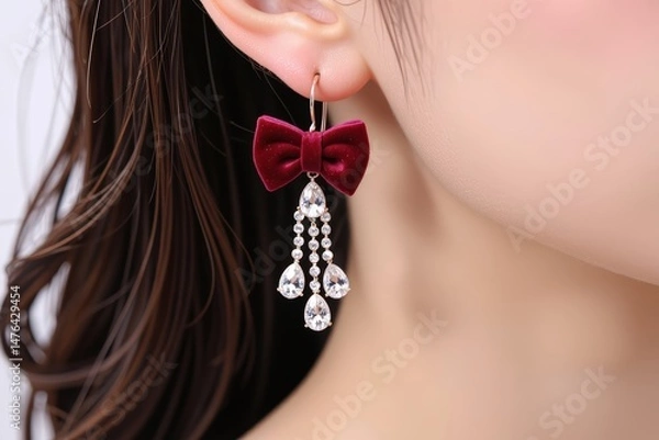 Obraz Elegant Red Velvet Bow and Crystal Dangle Earrings on Woman