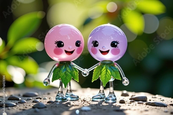 Obraz Adorable Pink and Purple Figurines Holding Hands in a Sunny Garden