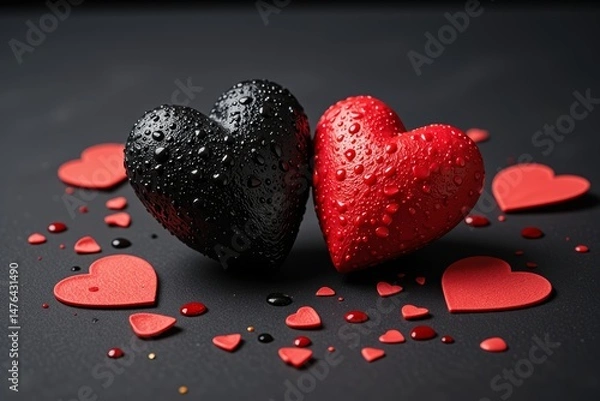 Obraz Romantic Black and Red Hearts with Water Droplets Valentine s Day Concept