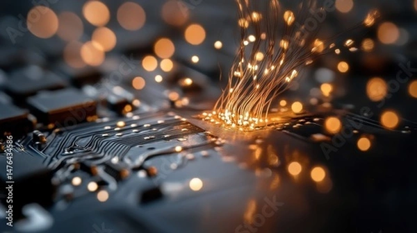 Fototapeta Close-up of circuit board with glowing fiber optics