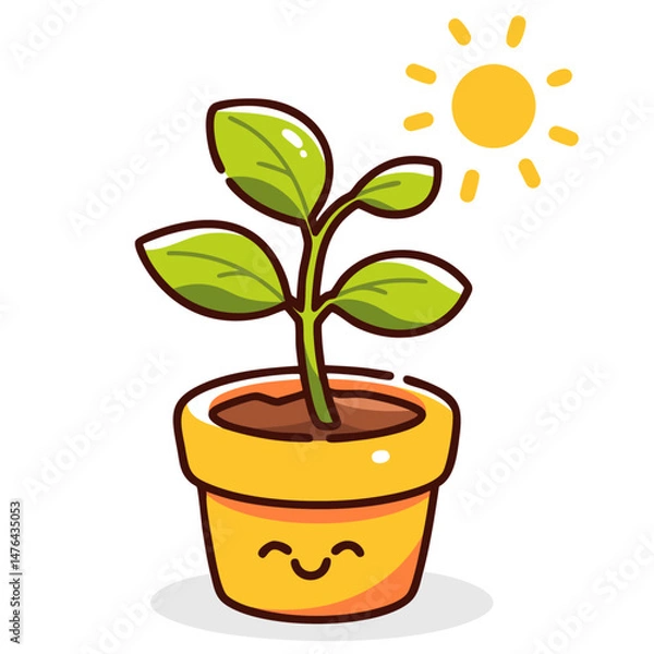 Obraz Happy cute houseplant flowerpot with potted plant sprout growing with the sun, doodle cartoon character, kawaii isolated clean and simple vector illustration