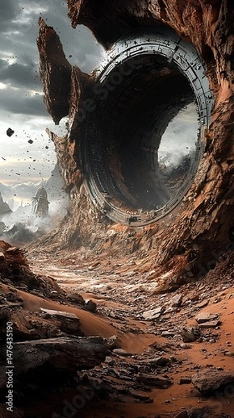 Fototapeta Dramatic view of a colossal circular structure emerging from a rugged canyon landscape
