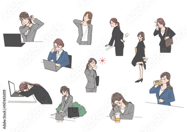 Obraz 体の不調を感じながらも働く若い女性のビジネスマンたちのイラストセット