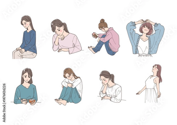 Obraz 気分の落ち込みを感じている若い女性と解放された女性のイラストセット