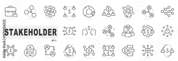 Fototapeta Set of stakeholder tech related line icons. Partnership, company, team, emploee etc. Editable stroke. Set 2