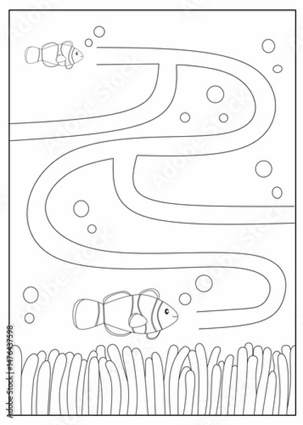 Obraz Help the fish to find its way through the path, Maze worksheet animals, fish labyrinth activity for kids, balck and white maze printable for kindergarten, maze coloring page