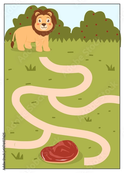 Obraz Help the lion to find its way through the path, Maze worksheet animals, animals labyrinth activity for kids, black and white maze printable for kindergarten, maze coloring page