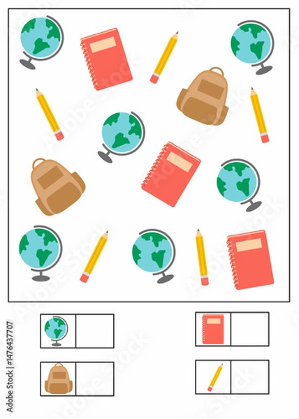 Obraz I can spy worksheet for kids, how many printable for kindergarten, i can spy worksheet with school tools theme
