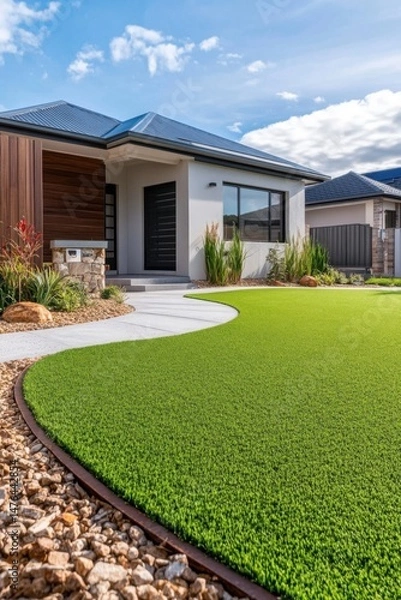Fototapeta Modern Home Exterior with Artificial Turf Lawn and Landscaping in Australia Eye-Level Shot