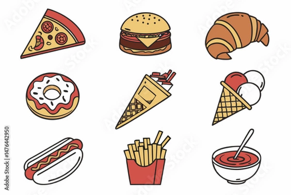 Fototapeta Colorful Fast Food and Dessert Vector Icons Collection  Burger, Pizza Ice Cream and Street Food Illustrations generate ai