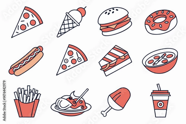 Fototapeta Red and White Food Icons Vector Set  Minimalist Fast Food Dessert and Takeout Illustrated Collection 
 generate ai