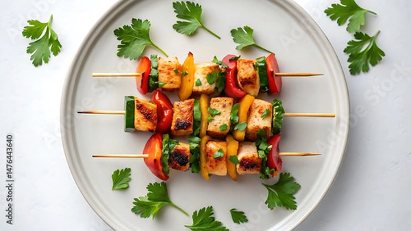 Fototapeta Chicken kabob Grilled chicken kabob with colorful bell pepper and fresh parsley served on white plate for healthy meal