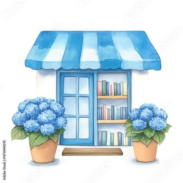 Obraz Charming watercolor book shop front with blue hydrangeas for creative design projects
