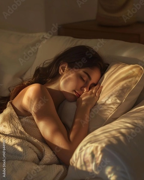 Obraz A young woman sleeps peacefully on her side, bathed in warm sunlight that filters through the window, casting a serene glow on her face.