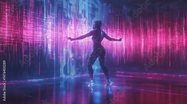 Fototapeta A cybernetic dancer moving to a digital beat, surrounded by holographic sound waves 