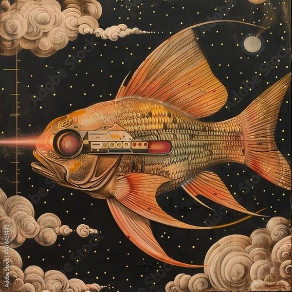 Obraz A vibrant fish with a red laser protruding from its head swims against a starry night sky, blending natural and sci-fi elements in a dreamlike atmosphere.