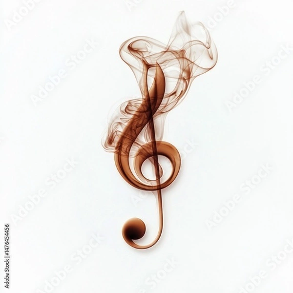 Fototapeta A beautiful treble clef symbol formed with brown smoke, set against a clean white background. Perfect for music themes.