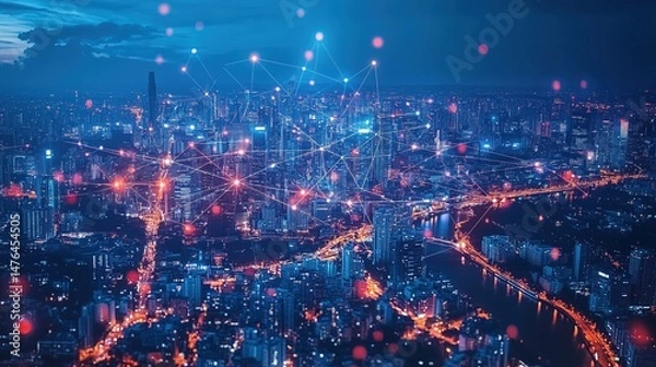 Fototapeta A cross-border business partnership forming, digital maps connecting different cities in the background