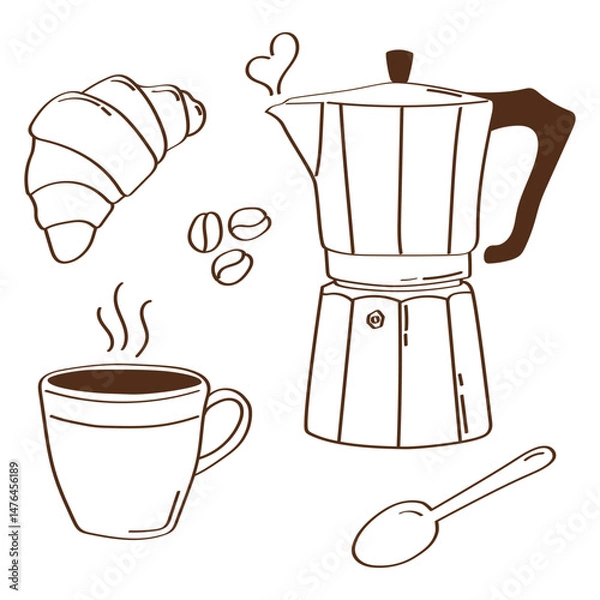 Fototapeta Cozy hand drawn vector illustration featuring a coffee pot, steaming cup of coffee, croissant, spoon and coffee beans. In a minimalist brown style. Perfect for cafe menus, breakfast themed designs