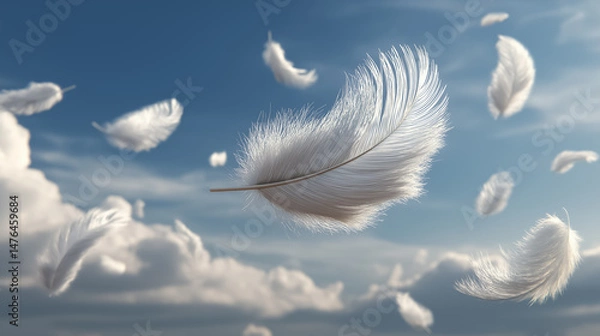 Fototapeta White feathers float in the sky against a backdrop of soft clouds, creating a peaceful and poetic atmosphere