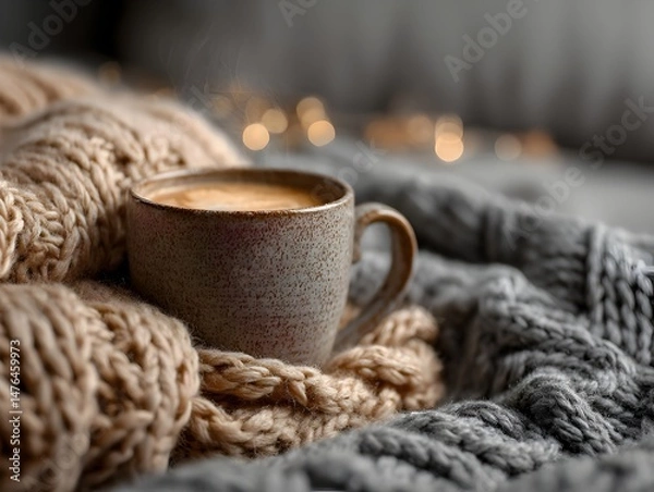 Obraz A warm cup of coffee led in cozy knit blankets provides comforting warmth on a chilly day.