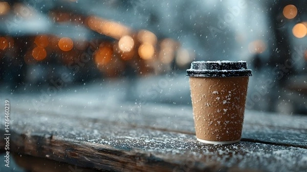 Fototapeta A warm coffee in a paper cup sits on a snow covered wooden table outdoors du a snowfall.