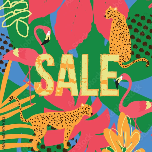 Fototapeta Tropical SALE banner with cheetahs, flamingos, and bold jungle leaves. Flat vector for summer ads and promotions