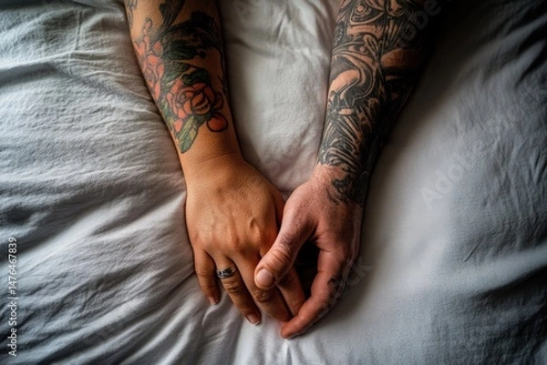 Obraz Man holds wifes hand while she rests in bed with newborn in intimate moment of connection
