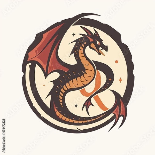 Obraz A stylized dragon logo with orange and black scales, spread wings, and red eyes, centered around the letter "q" in a white circle with star-like shapes.