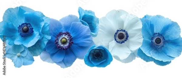 Fototapeta Blue and White Anemone Flowers in a Row on White Background Close Up Studio Shot Botanical Floral Arrangement