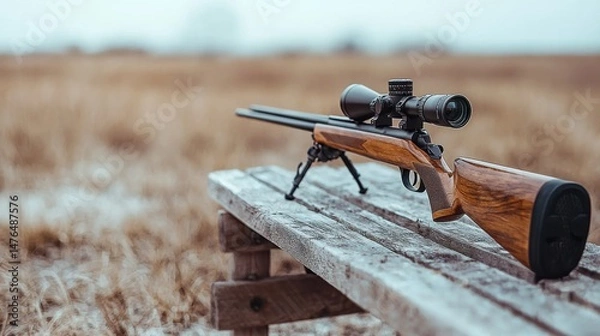 Fototapeta A detailed image shows a rifle equipped with a scope placed on a wooden bench in a field.