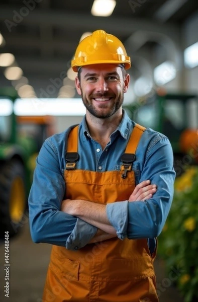 Fototapeta Engineer smiling with crossed arms in factory during christmas time